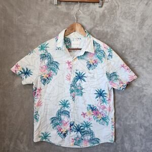 American Eagle Men's Medium White Hawaiian Shirt - Tropical Island Palm Print